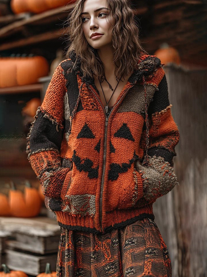 Halloween Sweater Winter Gothic Oversized Knit Cardigan Patchwork Print Knit Top